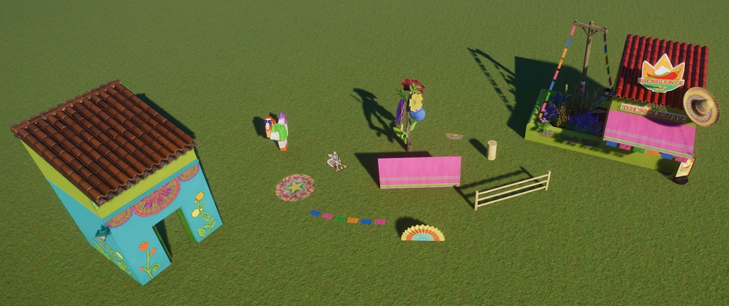 Allerlei Fiesta-decorstukken naast elkaar, waaronder een Faciliteiten-'skin', een Winkel-'skin', een piñata, een samengesteld bloemenbeeld, een laag spijlenhekje, ...