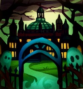 We kijken onder een metalen toegangspoort naar een sinister schoolgebouw. Links en rechts van de poort is er telkens één Spook te zien.