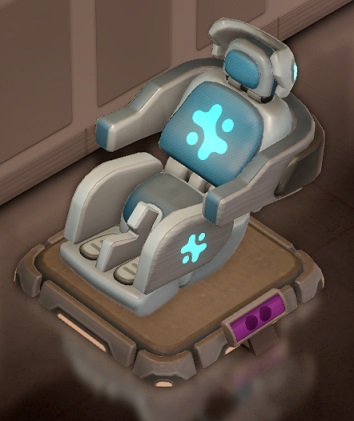 De Aligner Recliner is een geopende metalen stoel, met het Uitvoersymbool op de stoelrug en op de zijkanten.