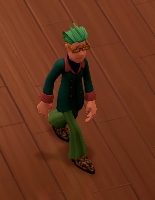 Vogelperspectief van een rondwandelende Art Enthusiast. Hij is gekleed in een groen, lang overhemd, een lichtgroene broek en opvallende laarzen. Hij draagt een bril en kort, groen haar, wat hem een snob-achtig uiterlijk geeft.