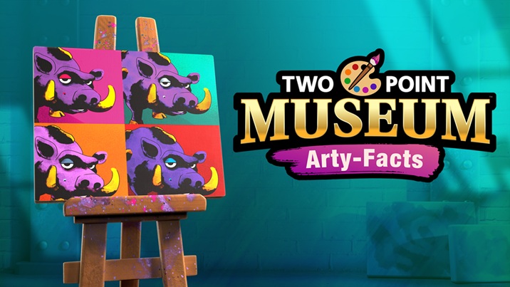 Links staat het schilderij 'Box of Truffle Pigs'. Rechts staat 'Two Point Museum' en daaronder 'Arty-Facts'. De achtergrond is turquoise blauw.