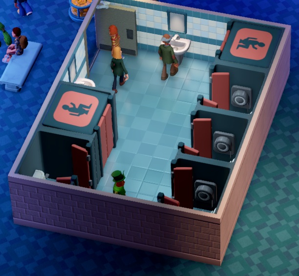 Vogelperspectief van een Toilettenblok met zes Toiletten, waarvan twee in bezette toestand.