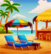 Een zonnig strand met links twee Palmbomen, middenin de zee op de achtergrond, en rechts een hoek van een strandbar. Midden op de voorgrond staan twee lege ligzetels en een parasol. Donkergekleurd vet druipt van de strandbar, parasol en een ligzetel.