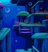 Een Ravijn onder water, met rechte en hoekige 'terrassen' tegen de rotswanden. Hier en daar groeien plant-achtige Koralen, die bubbels in het water brengen. Het water is donkerblauw, wat op een zekere diepte wijst.