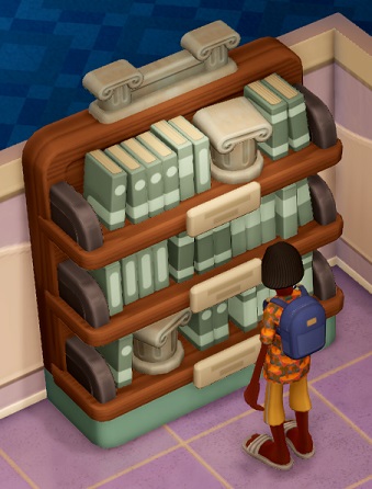 Een boekenrek met Marine Life-thema (te merken aan de vele miniatuur-zuilen op het boekenrek). Een Toerist bekijkt het boekenrek.