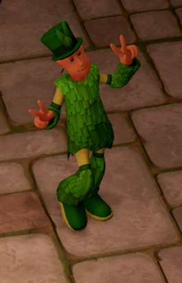 Een Botany Enthusiast, helemaal in een groen 'verenpak' en met een groene hoge hoed, maakt vredestekens met beide handen.