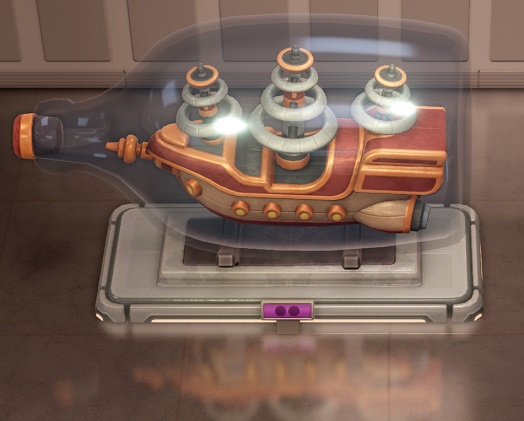 Een enorme fles, met daarin een Ruimteschip. Het Ruimteschip lijkt op een oud Galjoen, maar heeft horizontale, concentrische ringen in plaats van zeilen, en een uitlaat achteraan.