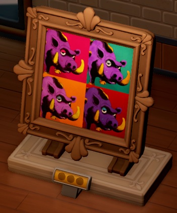 Dit Schilderij bestaat uit twee keer twee afbeeldingen. Op iedere afbeelding staat een Golden Truffle Pig; enkel de kleuren zijn verschillend. De achtergronden zijn (van links naar rechts en van boven naar onder) rood, lichtblauw, geel en oranjerood. De vier Golden Truffle Pigs hebben telkens een ander tintje paars.