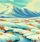Een besneeuwde Toendra waar een riviertje door stroomt. Hier en daar breken oranje grassen door de sneeuw. Op de achtergrond ligt een bergketen, helemaal bedekt met sneeuw.