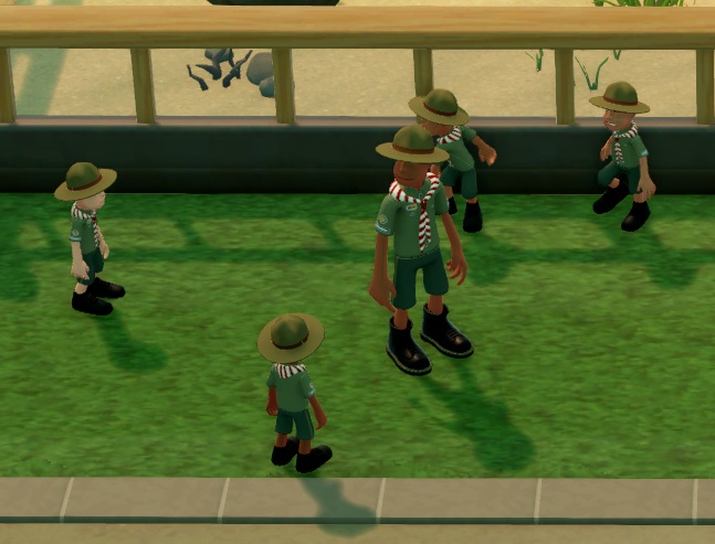 De Bumble Bird Scouts staan voor een Habitat. Eén Leider met vier kinderen; iedereen draagt het traditionele scoutsuniform. Hun halsdoek is rood/wit gestreept.