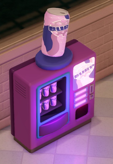 Een verkoopautomaat, gevuld met blikjes Burp!-frisdrank. Bovenop de automaat staat een groot drankblik ter identificatie.