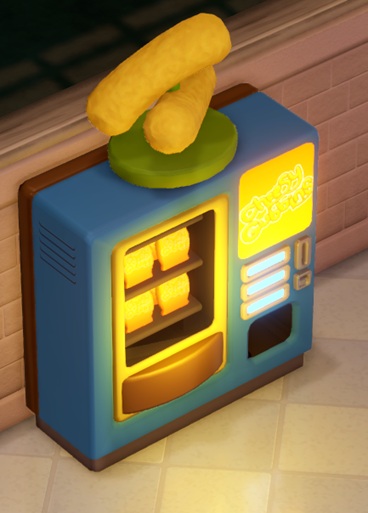 Een verkoopautomaat, gevuld met zakjes Cheesy Gubbins. Bovenop de automaat staan twee vergrote 'Gubbins' ter identificatie.