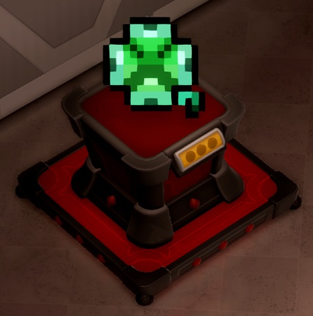 Op een verhoging staat een klavertje vier, opgebouwd uit tweedimensionale pixelblokken.