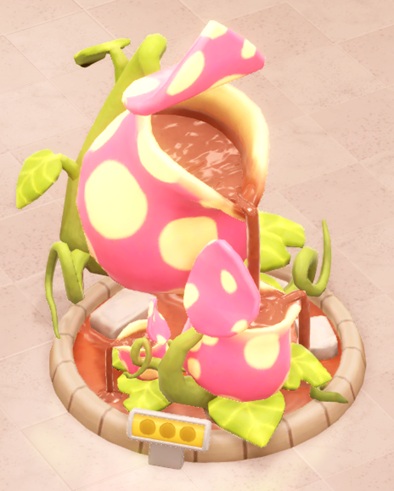 Een enorme Trompetbekerplant, met roze, witgestippelde Bekers. De Bekers zijn gevuld met... chocolademelk.