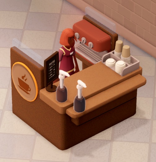 Een Coffee Kiosk met Assistent die op klanten wacht. De Kiosk is een open kraampje met aan de zijkant een afbeelding van een dampend kopje koffie. In het kraampje staat een koffiemachine, geflankeerd door stapels kartonnen bekertjes. Links staat de prijslijst.