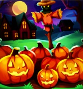 Voor een landhuis, in de nacht, liggen diverse uitholde pompoenen. Een vogelverschrikker overziet het geheel met boosaardige blik. De volle Maan schijnt.