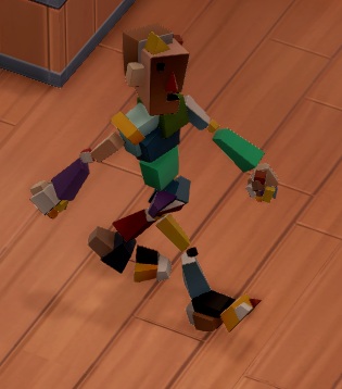 Een Cubist wandelt naar rechts. Deze Bezoeker is opgebouwd uit gekleurde balkjes en blokjes.