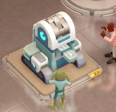 De Culinary Compounder-Anomalie is een machine met drie tandwielen. Onderaan is een soort transportband zichtbaar. Twee Bezoekers bekijken de Anomalie: een Bezoeker rechts, en een Frogborne-Gast van onderen.