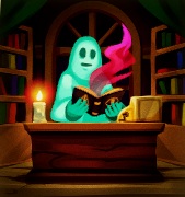 Een houten lobby, verlicht door een kaars. Links en rechts staan gevulde boekenkasten. Een Spook is de lobbymedewerker; hij/zij leest een boek, waaruit een roze walm opstijgt.