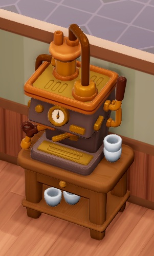 Een houten kastje met een enorme horeca-koffiemachine erbovenop, en enkele lege kopjes erbij.