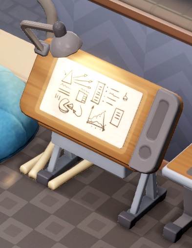 Het Drawing Board is een enorme tekentafel, met linksboven een spotlicht. Op de tekentafel is een vel papier gespannen, volgetekend met diagrammen.