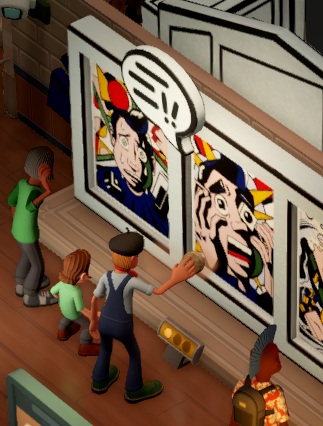 Een Kunst-Expert borstelt een Cubism Comic schoon. De Expert draagt een blauwe overall, een lichtblauw t-shirt, een rode halsdoek en op het hoofd een Franse baret. Links van de Expert staan twee Bezoekers (één is een Kind); aan de rechterkant is een Toerist gedeeltelijk zichtbaar.