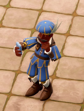 Een Bard, gekleed in blauw bardenkostuum, bekijkt zijn smartphone. Heel eigentijds...