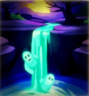 In een spookachtig, donker landschap stort een waterval omlaag. Vanuit de waterval verschijnen twee Spoken.