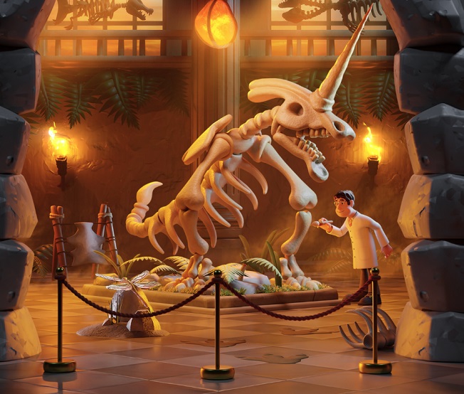 Een Expert borstelt het Skelet van een Smorgasbordasaurus. De scene wordt bekeken van onder een stenen overkapping; paaltjes-met-touwen sluiten de scene af.