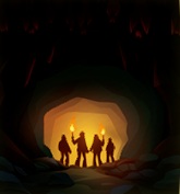 In een donkere grot tekent zich op de achtergrond het verlichte silhouet van een vierkoppig Expeditieteam af; de twee middelste leden dragen elk een fakkel.