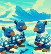 Op de Toendra staan drie Festive Jumpers. Op de achtergrond staat een witbesneeuwde bergketen. Een riviertje kronkelt door de voorgrond.