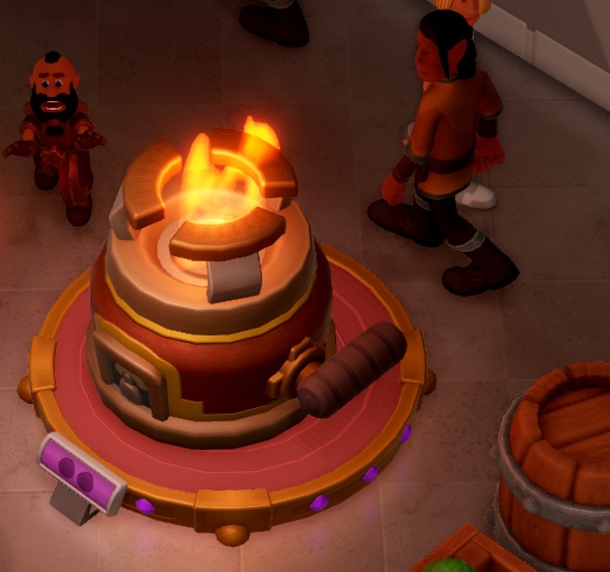 Een tonvormige Fire Device, met een hefboom aan de rechterkant en een gasfornuis-achtige metalen ring aan de bovenkant, waar vuur uitkomt. Linksboven komt een Dwerg angstig aangelopen; rechtsboven wandelen een Elf en een Gewone Bezoeker voorbij. Rechtsonder is een ton deels zichtbaar.