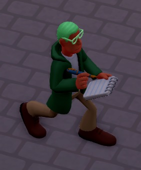 Flanolin loopt rond in een donkergroene jas, met muntgroen haar en een muntgroene bril. Zoals alle inspecteurs heeft hij pen en notablok in de handen.