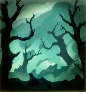 Vier kale bomen met hoekig gevormde takken duiken op uit een mistig landschap.