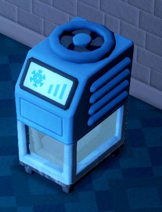 De Freezer is een koeltoestel met aan de bovenkant een horizontale ventilator en aan de voorkant een afbeelding van een sneeuwkristal.