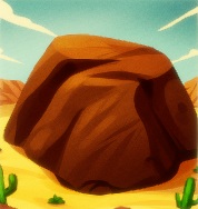 In een vlakte, met hier en daar een cactus, ligt een rotsblok. Afgaande op de grootte van de cactussen, is het rotsblok enorm groot.