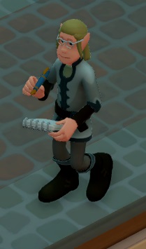 Gladyurwell is een typische Elf uit Rollenspellen: Middeleeuwse kleding en puntige oren. Ze draagt een bril.