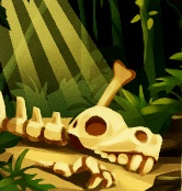 Op een donkere plek in een tropisch oerwoud liggen diverse dinosaurusbeenderen, waaronder een schedel en een ruggengraat. Links vallen enkele zonnestralen in.