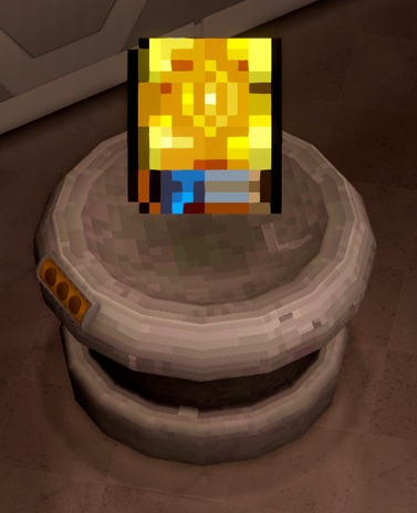 Op een ronde, stenen sokkel staat een boek met een goudgele omslag. Onderaan steekt een blauw lintje uit het boek. Alles is opgebouwd uit tweedimensionale pixelblokken.