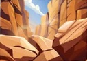Een hoop rotsblokken vult een canyon op. De canyon is achter de rotsen zichtbaar.