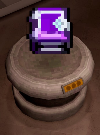Op een ronde, stenen sokkel staat een boek met een paarse kaft, wit inlegwerk en een wit slot. Alles is opgebouwd uit tweedimensionale pixelblokken.