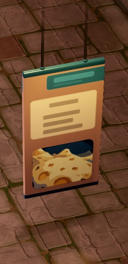 De Hanging Info Stand hangt aan het plafond door middel van twee kabels. Deze Info Stand bevat een afbeelding van een kaaslandschap van de planeet Mozzastella, plus tekst-ter-info.