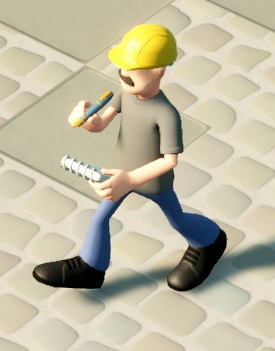 Henry Jobsworth loopt in een stralende zon, met een gele veiligheidshelm, een blauwe broek en een grijs T-shirt.