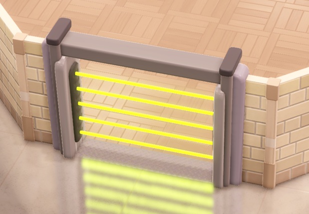 Tussen twee Partition Walls staat een High-Security Archway: een metalen 'poort' met vijf horizontale, gele laserstralen.