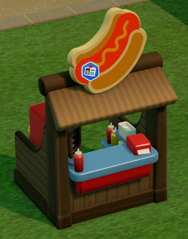Een Hotdogkraampje met bovenaan een enorm bord in de vorm van een Hotdog. Een zeshoekig symbool bovenaan in het midden geeft aan, dat er nog geen Personeel aan dit kraampje werd toegewezen.
