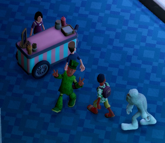 Een Assistent staat achter de Ice Cream Kiosk: een karretje met roze/pastelblauwe verticale strepen op de zijkanten en een roze bovenkant. Een Botany Enthusiast wandelt weg. In de wachtrij staan een gewone Bezoeker, een Toerist en een Yeti.