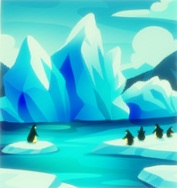 Een poollandschap aan zee, met een groepje Pinguïns op het ijs. Eén stukje poolijs is afgebroken en drijft in zee; één Pinguïn staat op dat stuk.