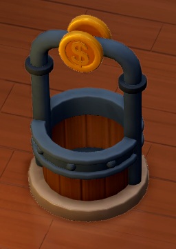 De Donation Stand is een houten 'ton', bovenaan afgerond door een dikke metalen balk met kinknagels, en een geel dollarteken bovenaan op een metalen buis.