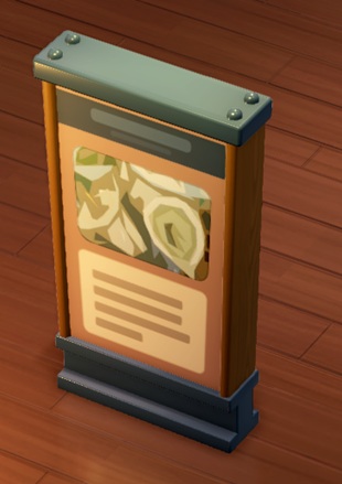 Een staand Infobord met houten zijkanten en metalen onder-en bovenkant. Bovenaan staat een afbeelding van Flagon Fruit; onderaan staan regels tekst.