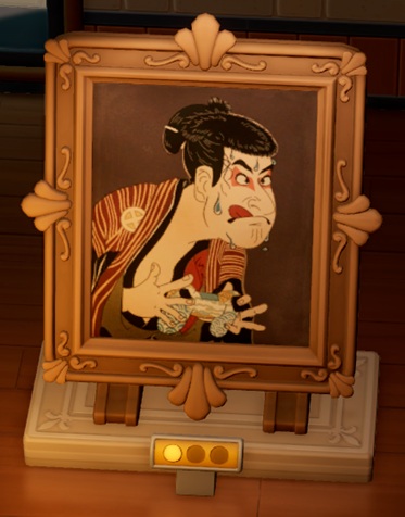 Een schilderij met een close-up van een Japanse Kabuki-acteur met uitgestoken tong en met zweetdruppels op het gezicht.